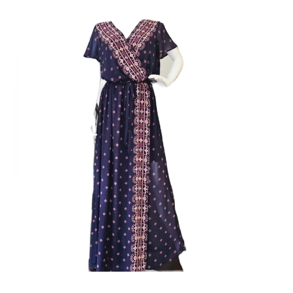 Xhilaration Blue and Pink Wrap Maxi Dress
